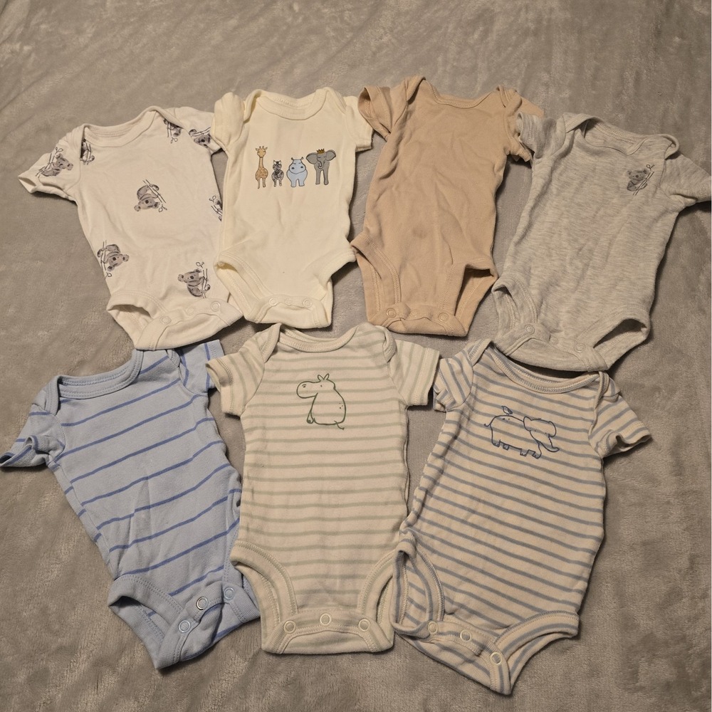Lot Of 7, Preemie Baby Boy Onesie Bodysuit Clothes Gerber Blue Stipes Animals